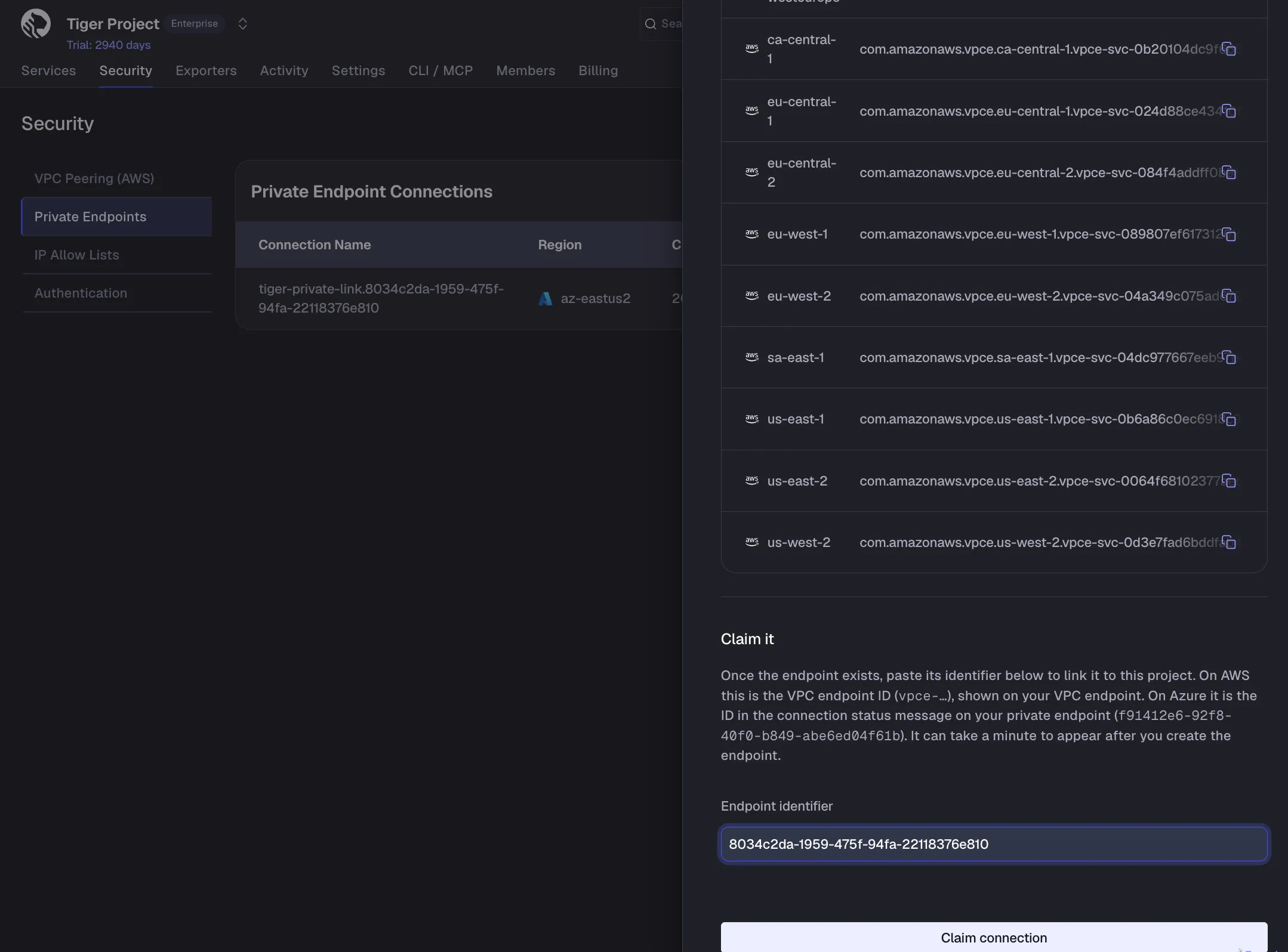 Claiming a private endpoint connection with the endpoint identifier