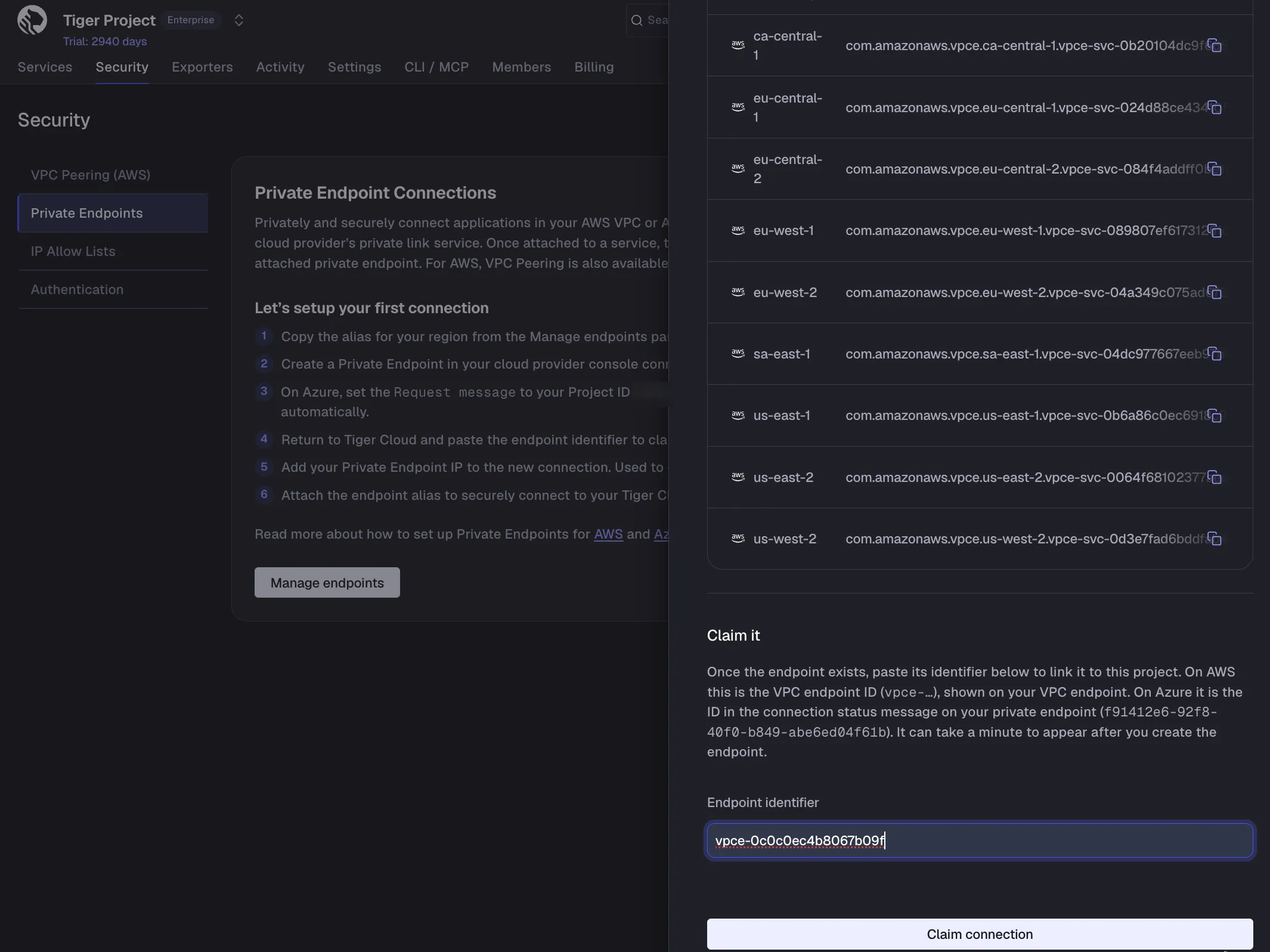 Claiming a private endpoint connection with the endpoint identifier