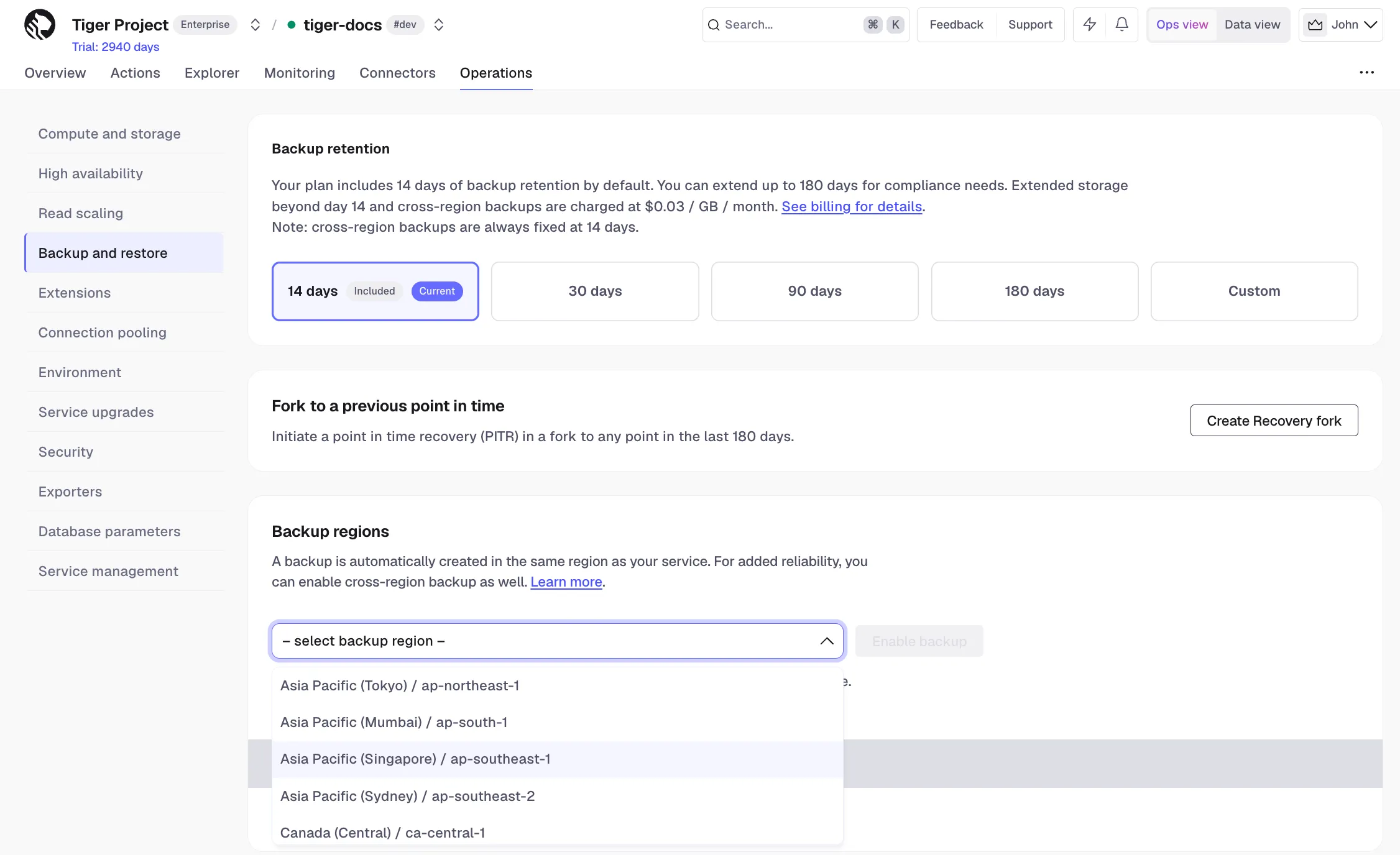Enabling cross-region backup in Tiger Console