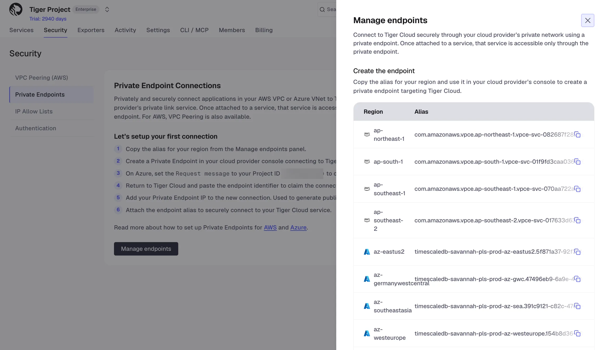 Copying the region alias in the Manage endpoints panel